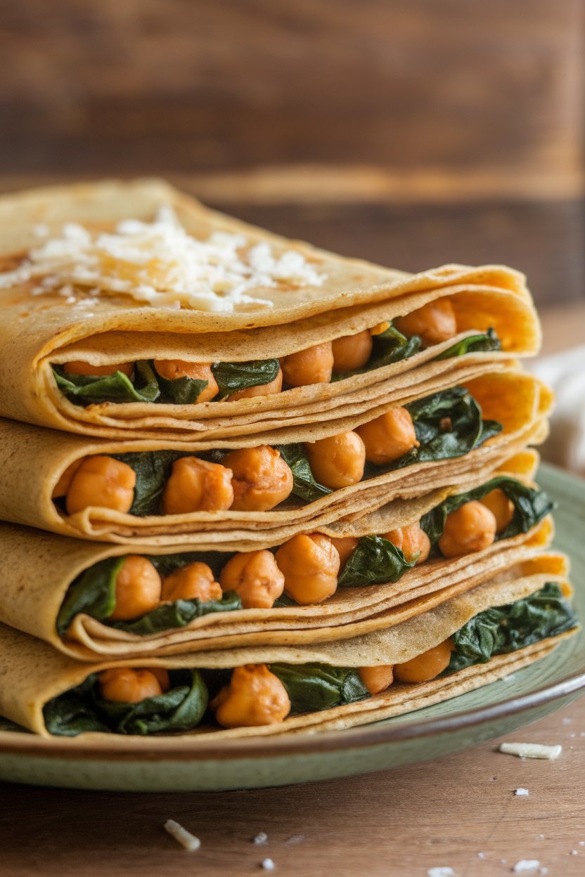 A stack of whole-wheat crepes indoors filled with spiced chickpeas and wilted spinach, folded and arranged on a plate; no text or logos; photo.