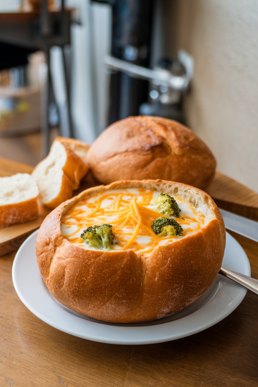 Indoor bistro table with a bread bowl filled with broccoli cheddar soup, cheese strands melting, broccoli florets visible. No text or logos. Photo.