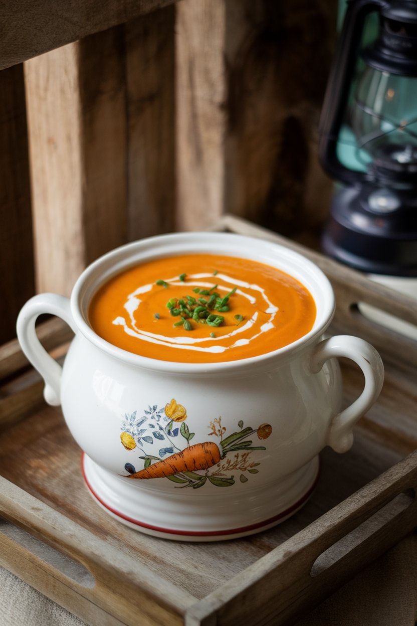 An indoor soup tureen filled with smooth carrot ginger soup, garnished with a swirl of coconut milk and chopped chives. No text or logos.