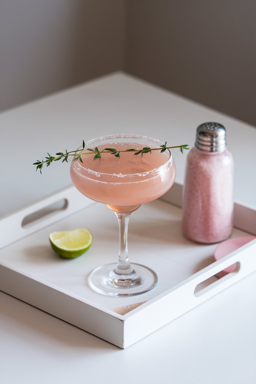 Indoor bar tray, elegant coupe of blush-pink fig margarita, sprig of thyme laid across the top; no logos.