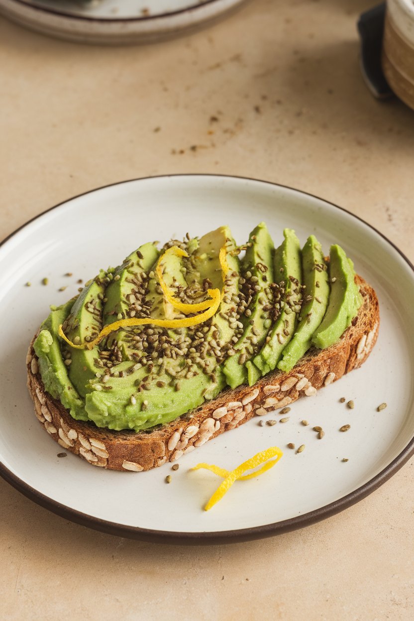 An indoor countertop with a slice of multigrain toast spread with mashed avocado, sprinkled with hemp seeds, and garnished with lemon zest; photo only, no text or logos.
