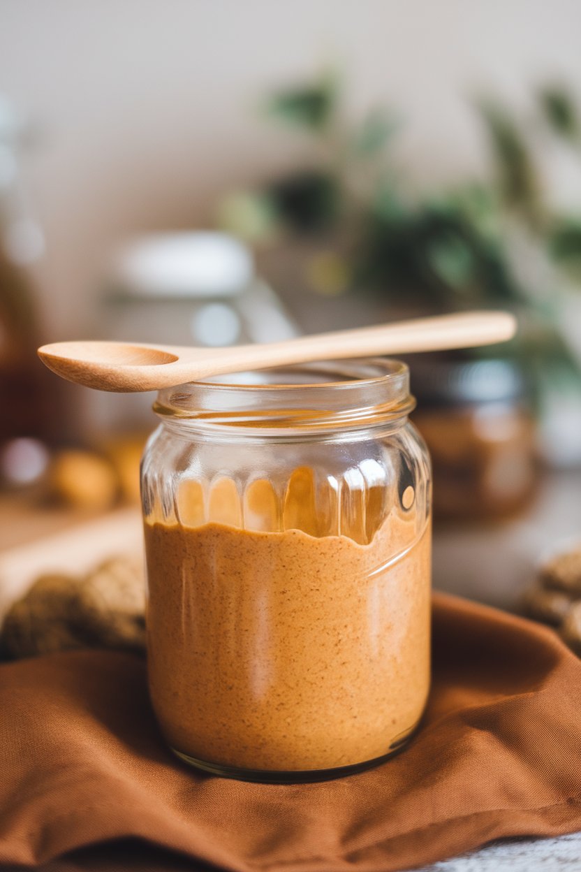 Indoor photo of a glass jar of natural peanut butter with visible oil separation, spoon resting against rim, no text or logos