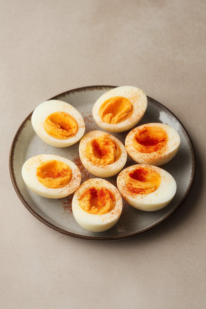 Indoor photo of halved hard-boiled eggs on a small platter, yolks bright and sprinkled with smoked paprika; neutral backdrop, no text or logos