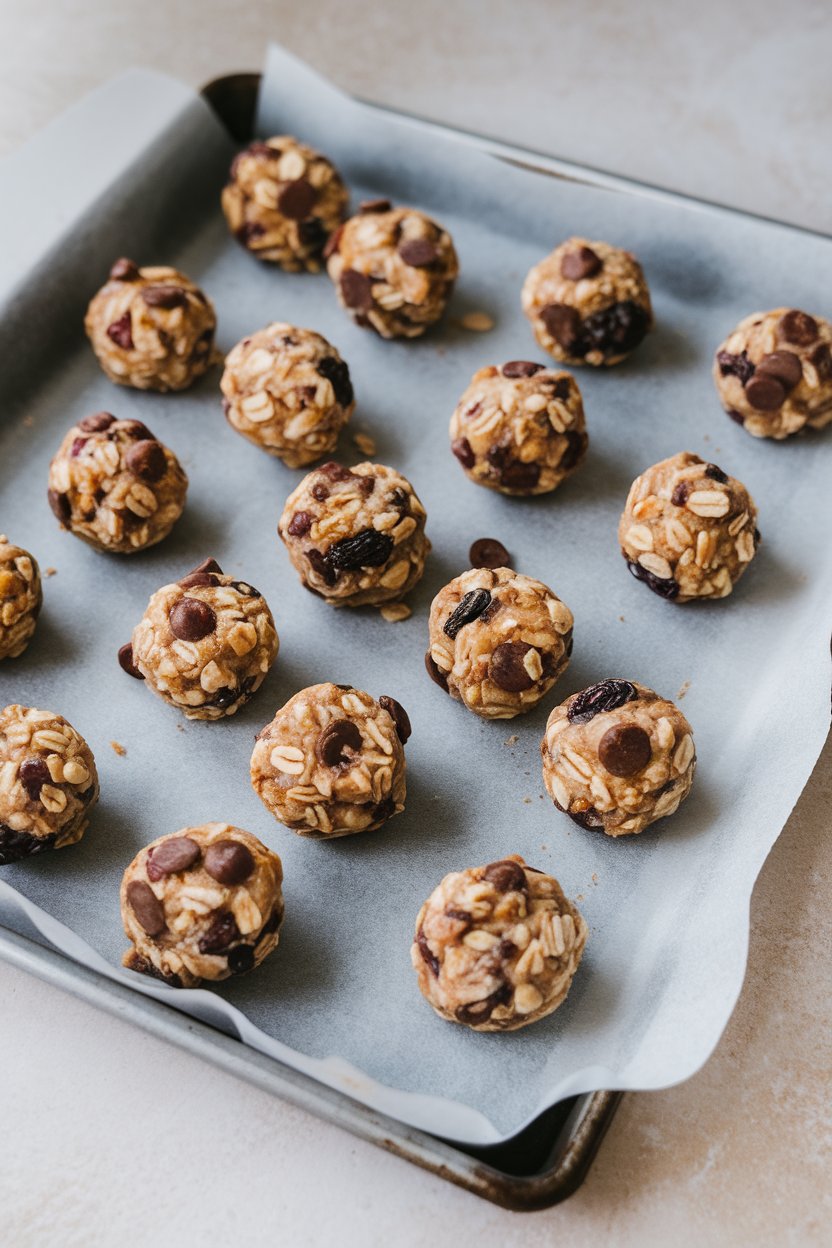 Indoor baking sheet lined with parchment holding round oat, nut, and dried fruit energy bites, some chocolate chips visible. No text or logos, photo not illustration.