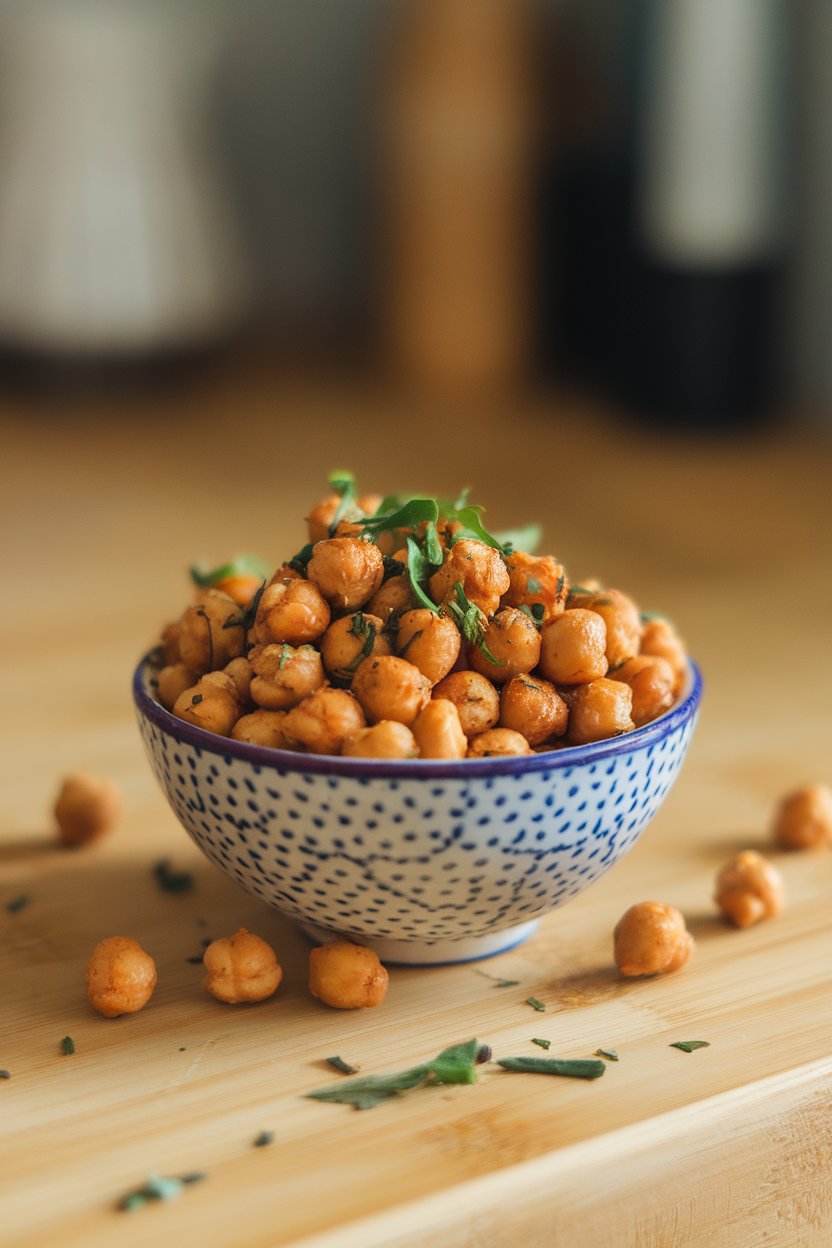 A small indoor bowl of crunchy roasted chickpeas seasoned with herbs, a few strays around the bowl. No text or logos. Photo.