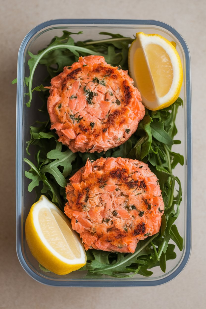 An indoor lunch container featuring two baked salmon cakes on a bed of arugula with lemon wedges alongside, no text or logos.