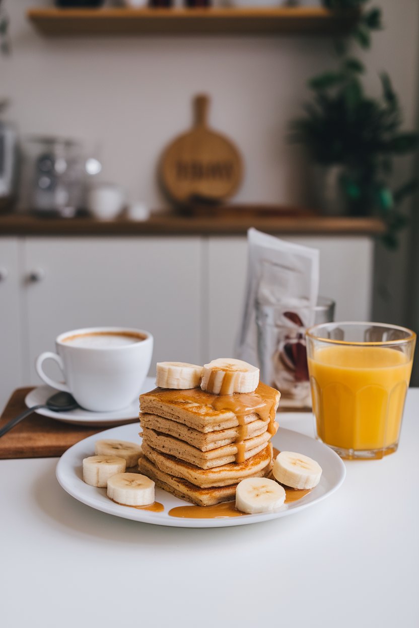 An indoor breakfast table set with a short stack of golden protein pancakes, sliced banana rounds, and a swirl of natural peanut butter melting on top; no logos or text.