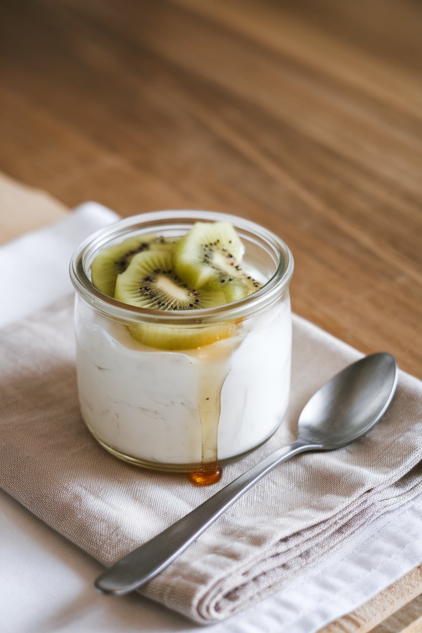 An indoor breakfast scene with a glass jar of plain Greek yogurt topped with sliced kiwi and honey drizzle, spoon resting on a linen napkin. No text or logos visible.