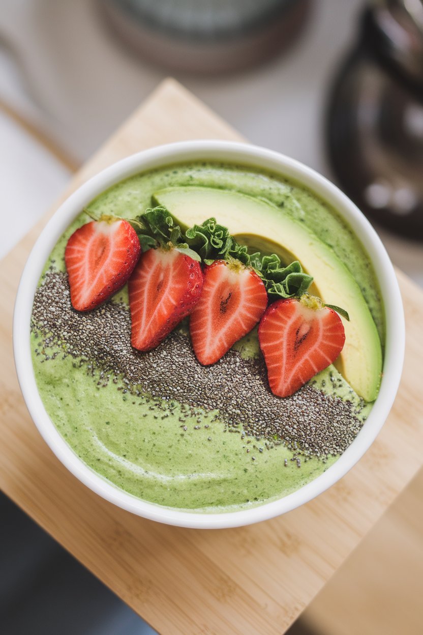 An indoor top-down view of a green smoothie bowl topped with strawberry slices and chia seeds; no text or logos.
