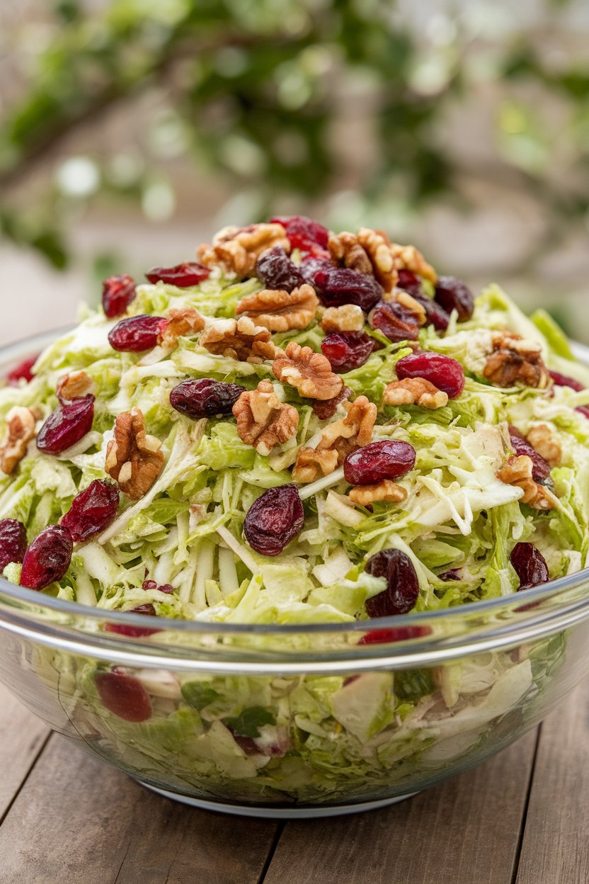 Photo of an indoor salad bowl of shredded Brussels sprout slaw with cranberries and walnuts, light maple glaze visible, no text or logos.