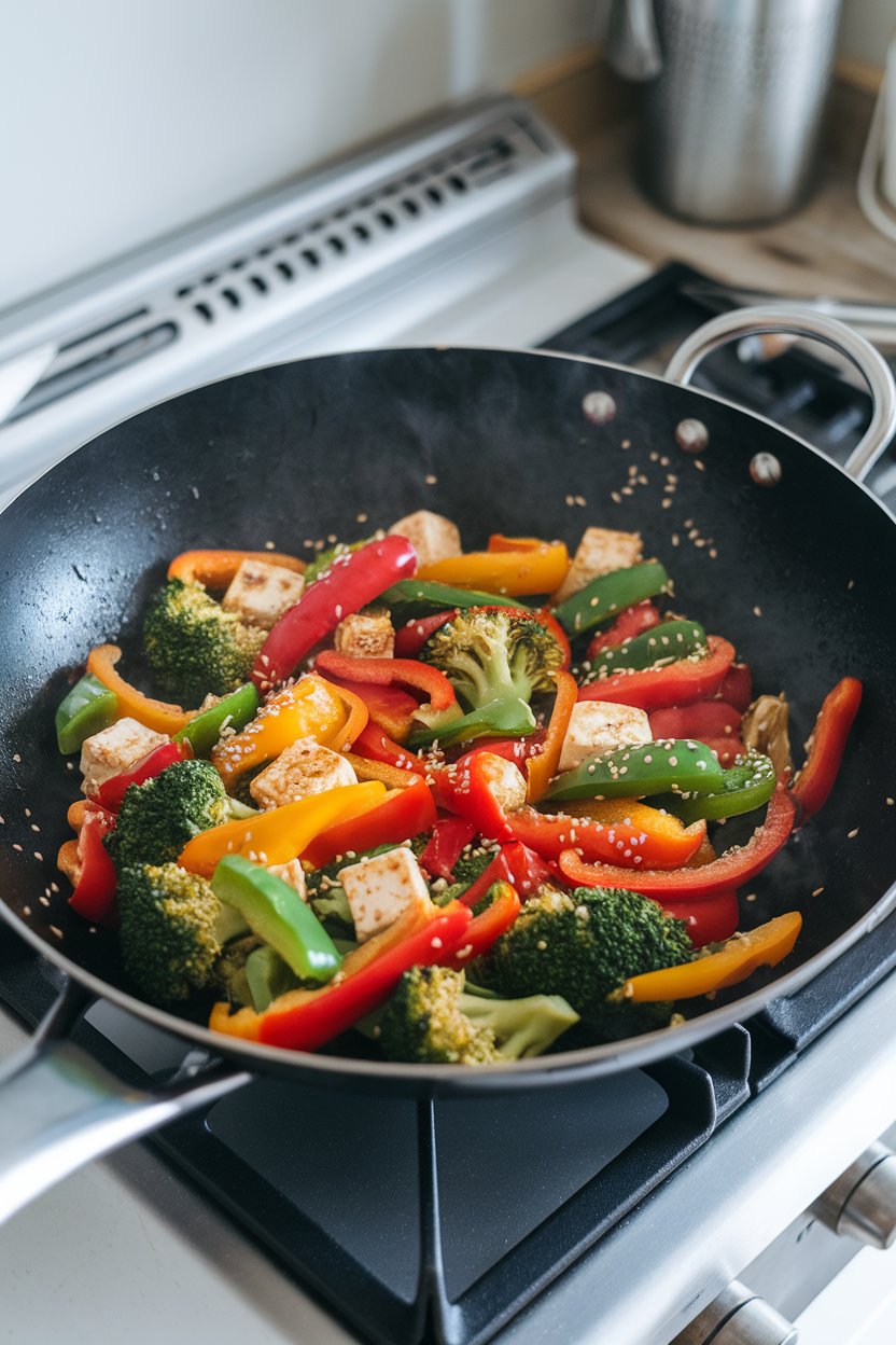 Photo of an indoor stovetop wok filled with colorful bell peppers, broccoli, tofu cubes, and sesame seeds, no text or logos