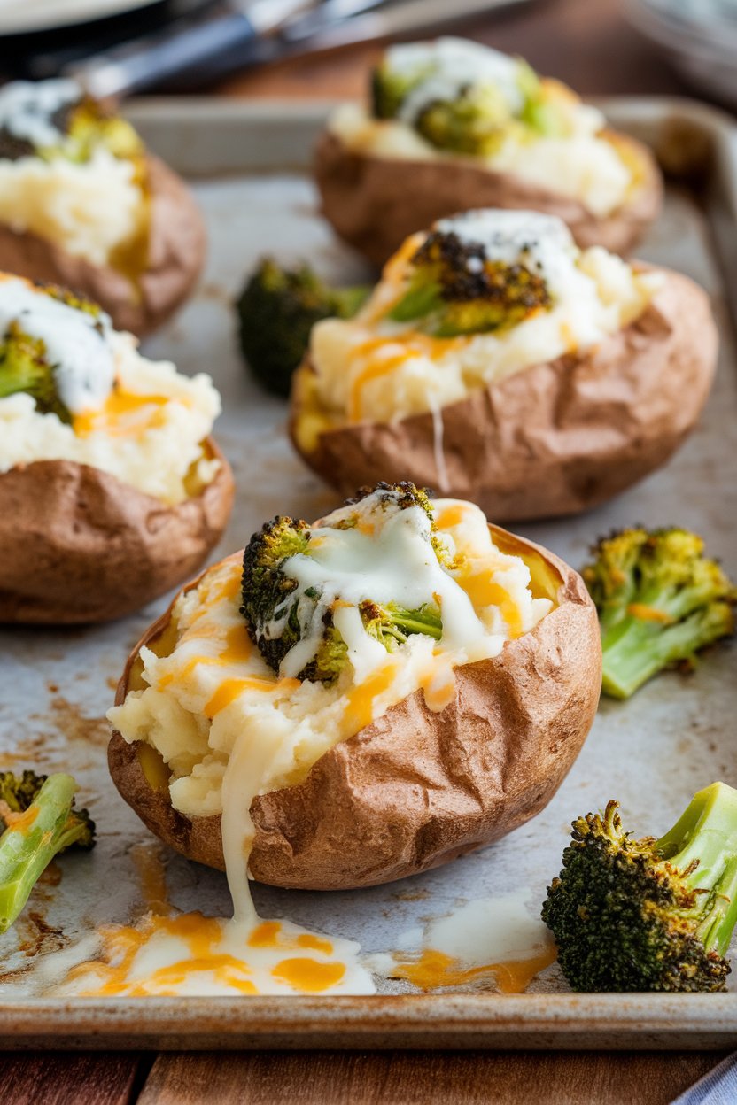 Indoor photo of halved baked potatoes stuffed with mashed potato, broccoli florets, and melted white cheddar, placed on a sheet pan. No text or logos.