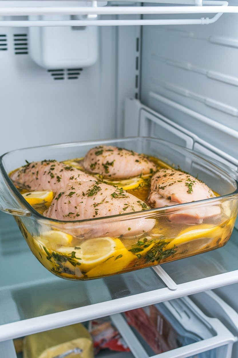 Indoor fridge photo of chicken breasts in a glass dish covered with a lemon-herb marinade, no text or logos.