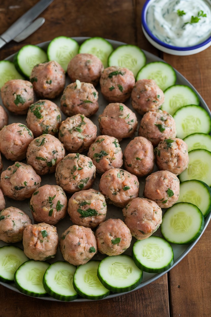 Indoor platter of small turkey meatballs with visible herbs, served with cucumber slices and tzatziki. No text or logos.