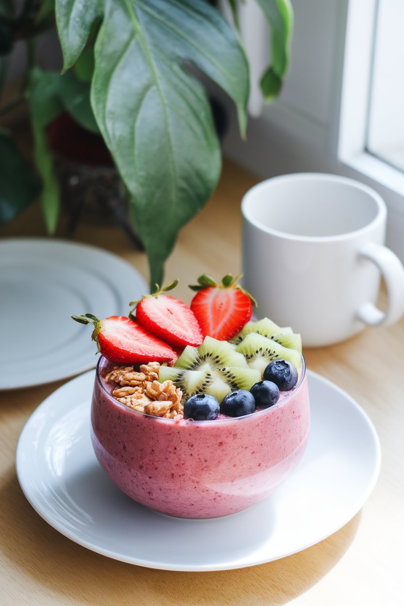 An indoor breakfast nook scene featuring a brightly colored smoothie bowl topped with sliced strawberries, kiwi stars, blueberries, and a sprinkle of granola. Shot from overhead with soft morning light; no text or logos visible. Photo, not illustration.