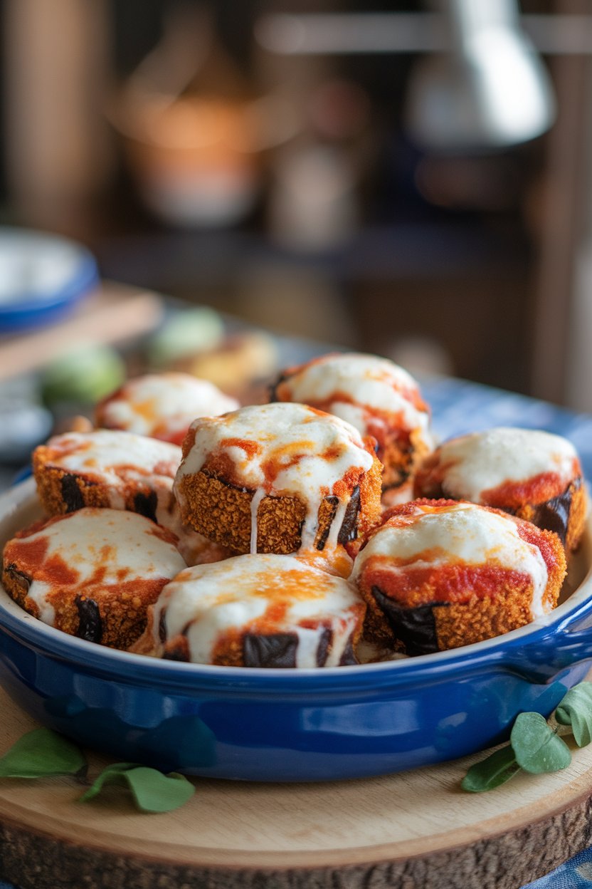 An indoor ceramic dish filled with bite-size breaded eggplant rounds topped with melted mozzarella; no text or logos.
