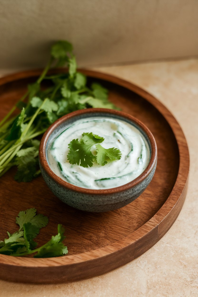 Indoor dining table photo of a small bowl of creamy cucumber raita garnished with fresh cilantro leaves. No text or logos.