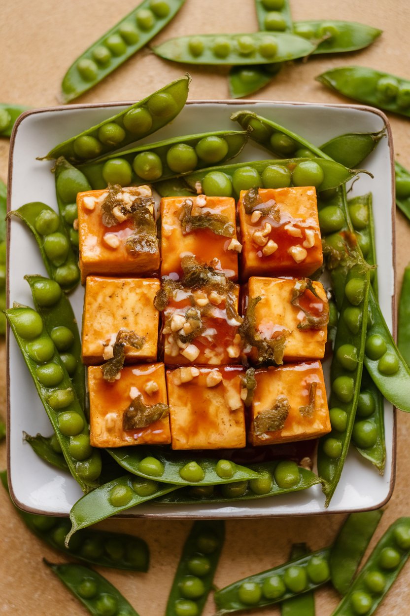 A square plate indoors containing baked tofu cubes glazed with ginger-soy sauce, surrounded by crisp snow peas; no text or logos.