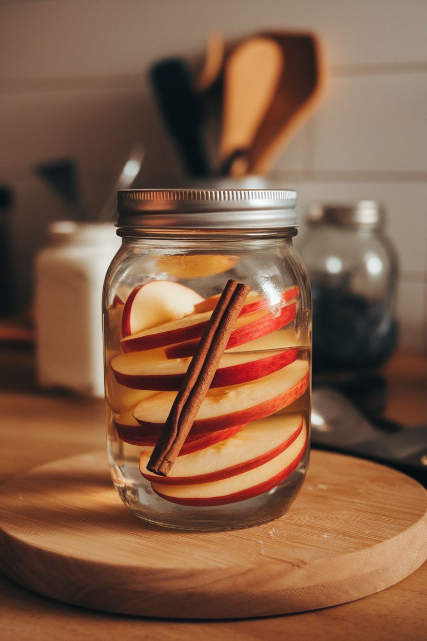A photo of a mason jar indoors, showing thin apple slices spiraling around a cinnamon stick submerged in water; warm kitchen lighting, no text or logos.