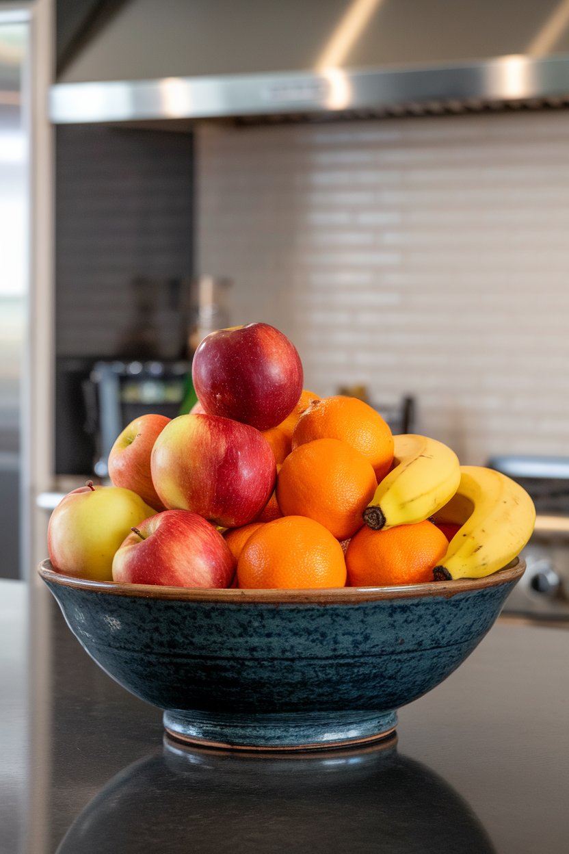Photo of a ceramic bowl piled high with apples, oranges, and bananas on a kitchen island under natural indoor light, no logos.