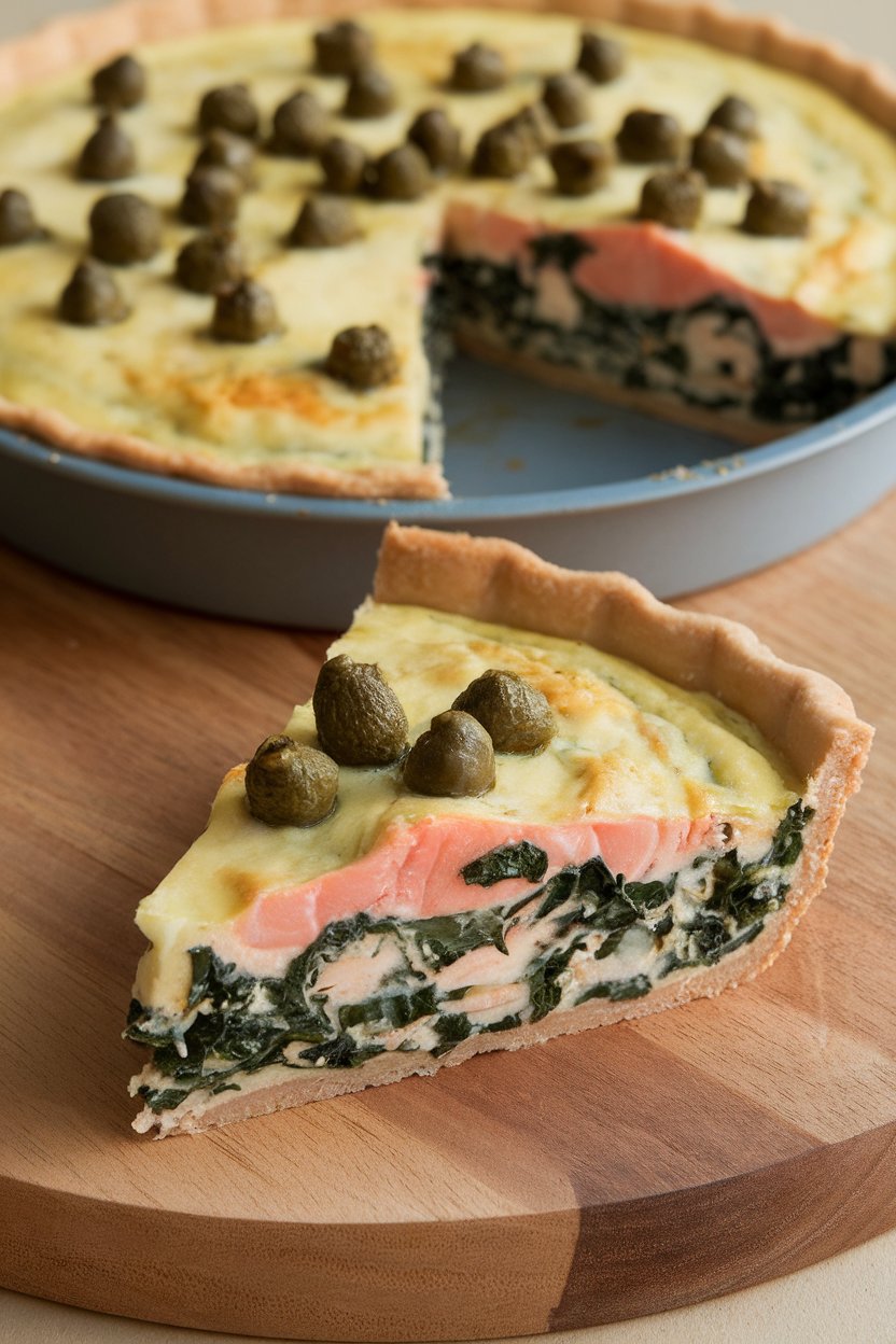 Indoor shot of a slice of kale and lox quiche with capers on top, cooked salmon visible, no raw fish, no text or logos.