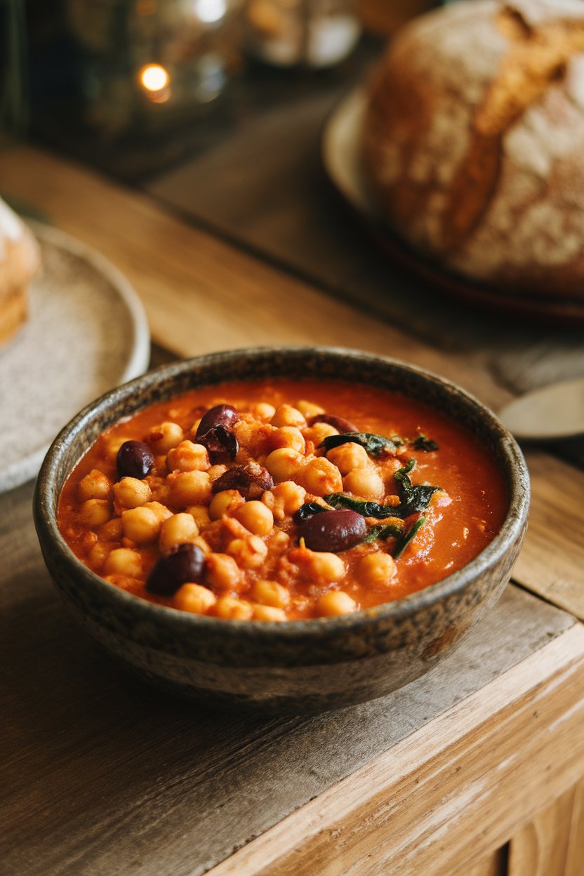 An indoor dining scene with a rustic bowl of tomato-based chickpea stew flecked with olives and spinach. No text or logos. Photo only.