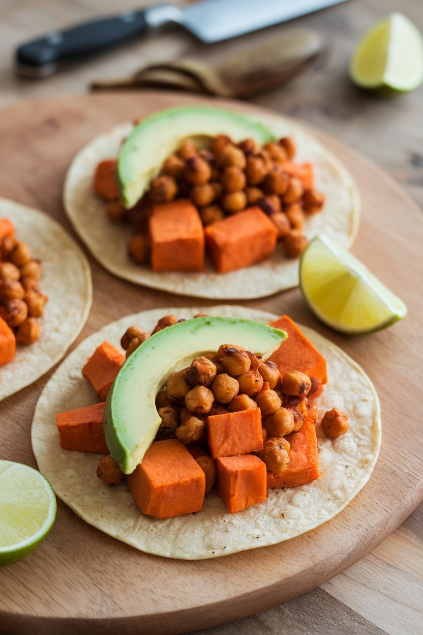 Photo, indoors, warm corn tortillas laid flat on a wooden board, loaded with roasted sweet potato cubes, crispy chickpeas, and avocado slices, lime wedges nearby. No text or logos.