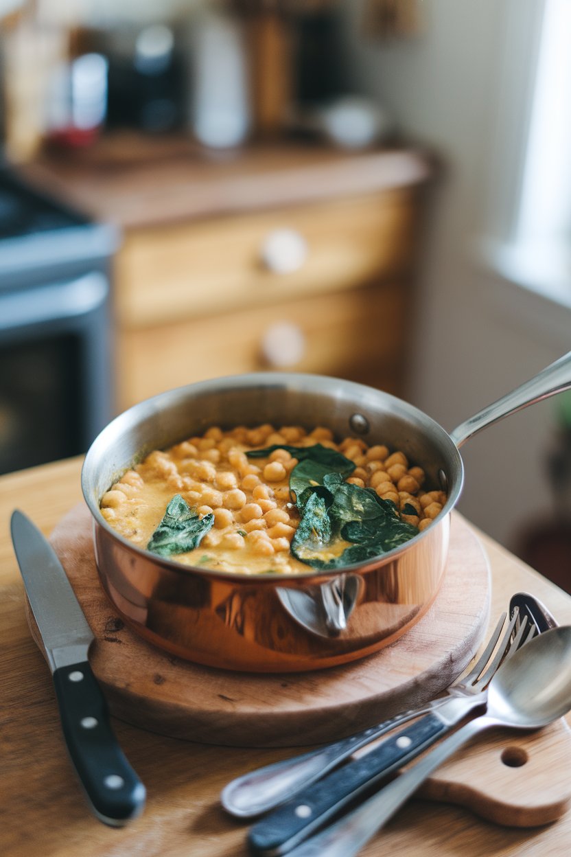 An indoor saucepan of chickpeas simmering in golden coconut curry with spinach leaves. No text or logos. Photo, not illustration.