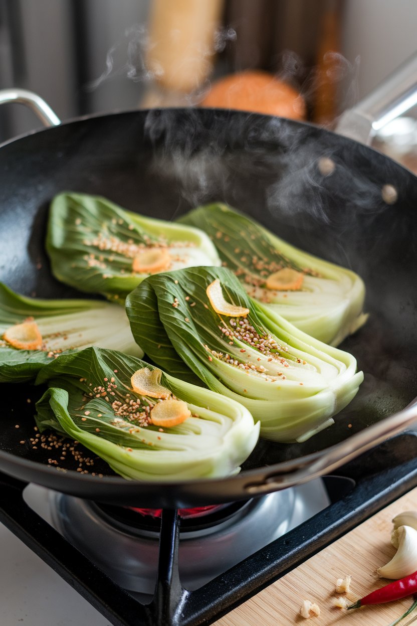 An indoor stovetop wok holding glistening bok choy halves tossed with sesame seeds and ginger slices, steam visible. No logos or text; photo only.