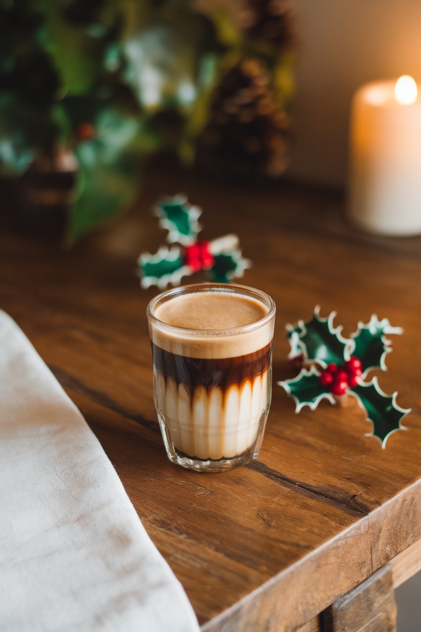 Indoor wooden table with a small glass macchiato marked by dark espresso at the top and maple-sweet milk at the bottom, tiny holly leaves decor in background (not on drink). No text or logos. Photo only.