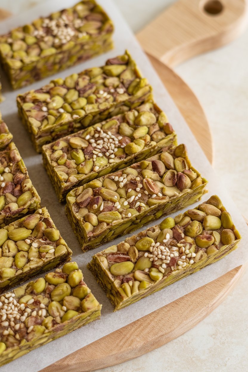 Indoor photo of green-flecked pistachio and date bars cut into rectangles on a wood board. No text or logos.