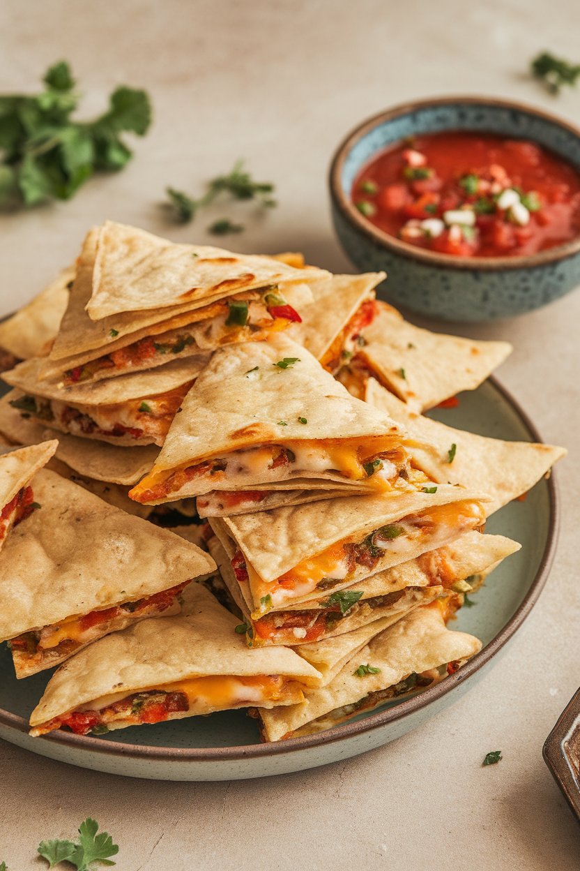 Small tortilla triangles oozing cheese and veggies stacked on an indoor plate with salsa. No text or logos. Photo.