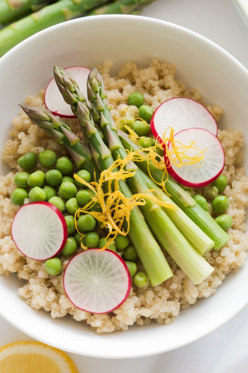 Bright indoor image of quinoa topped with blanched asparagus tips, peas, radish slices, and lemon zest. No text or logos.