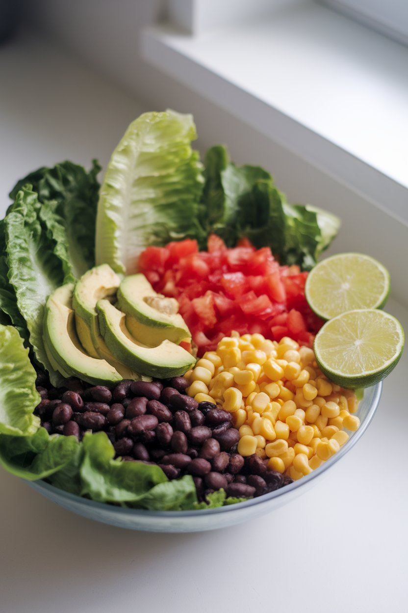 Photo of an indoor salad bowl filled with romaine, black beans, corn, diced tomato, and avocado, lime wedge on side, no text or logos
