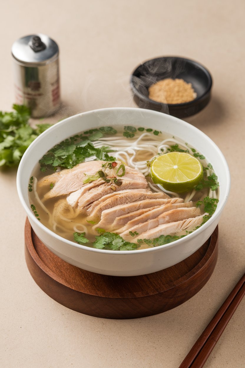 Photo of an indoor soup bowl with steaming chicken pho: rice noodles, sliced chicken breast, herbs, and lime floating in clear broth; no text or logos