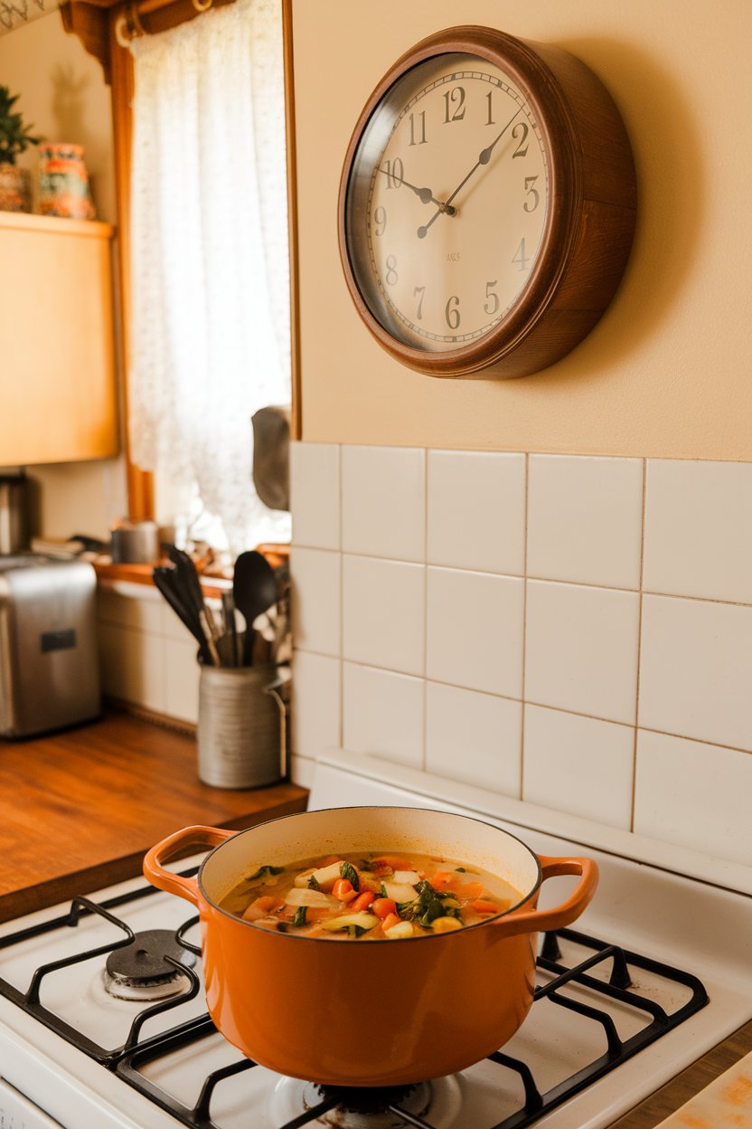 Photo of an indoor wall clock above a stove where a pot of vegetable soup simmers; warm kitchen lighting; no text or logos.