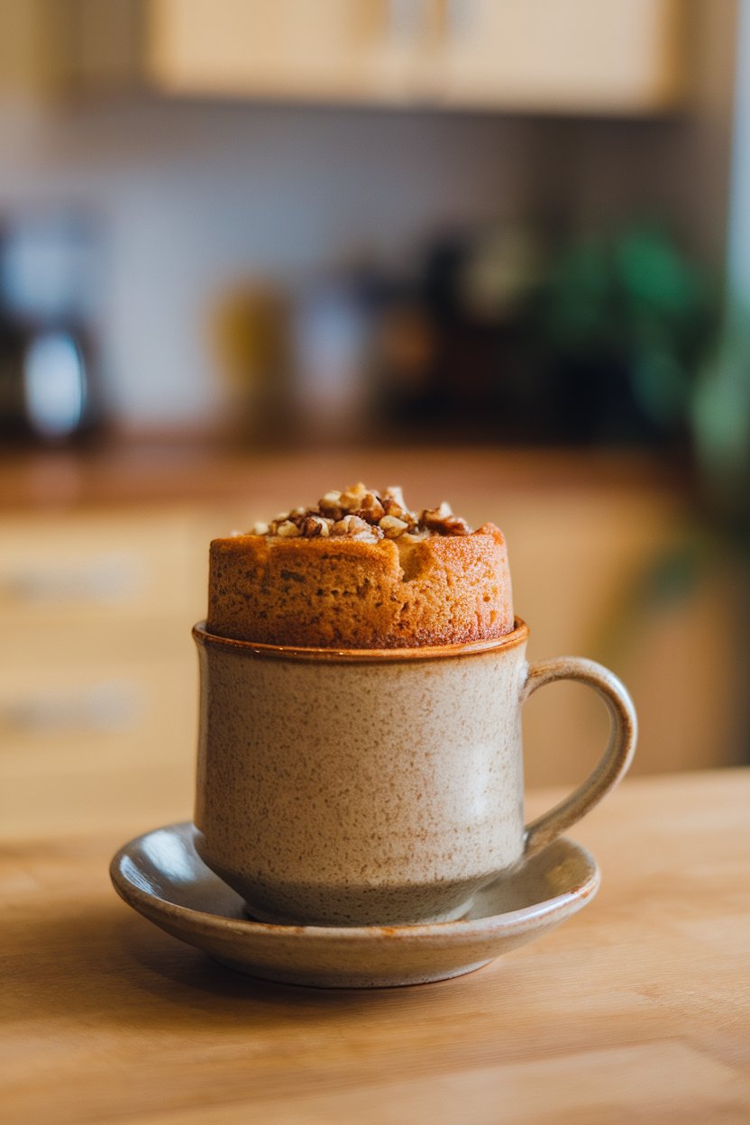 Indoor photo of single-serve banana oat mug cake, risen above the rim, on a saucer. No text or logos.