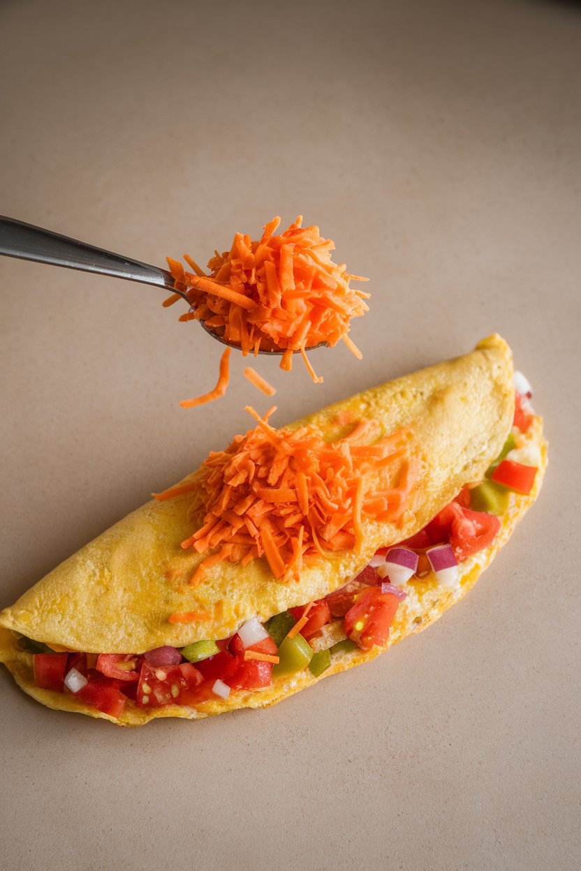 Indoor close-up of a level tablespoon filled with grated cheddar held above a veggie omelet. Neutral countertop, no text or logos.