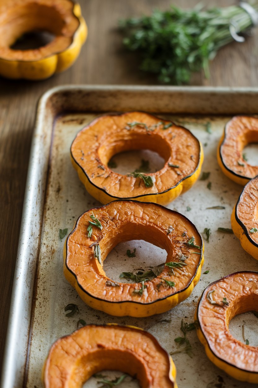 A sheet pan indoors with roasted delicata squash rings, seeds removed, herbs scattered; no text or logos, photo only