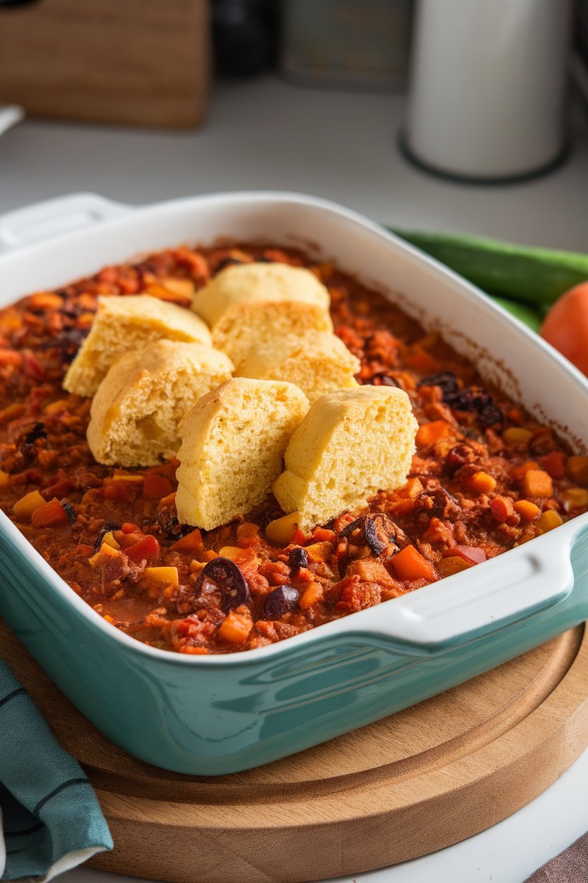 An indoor casserole of thick vegetable chili dotted with small baked cornbread rounds on top. Photo only, no text or logos.