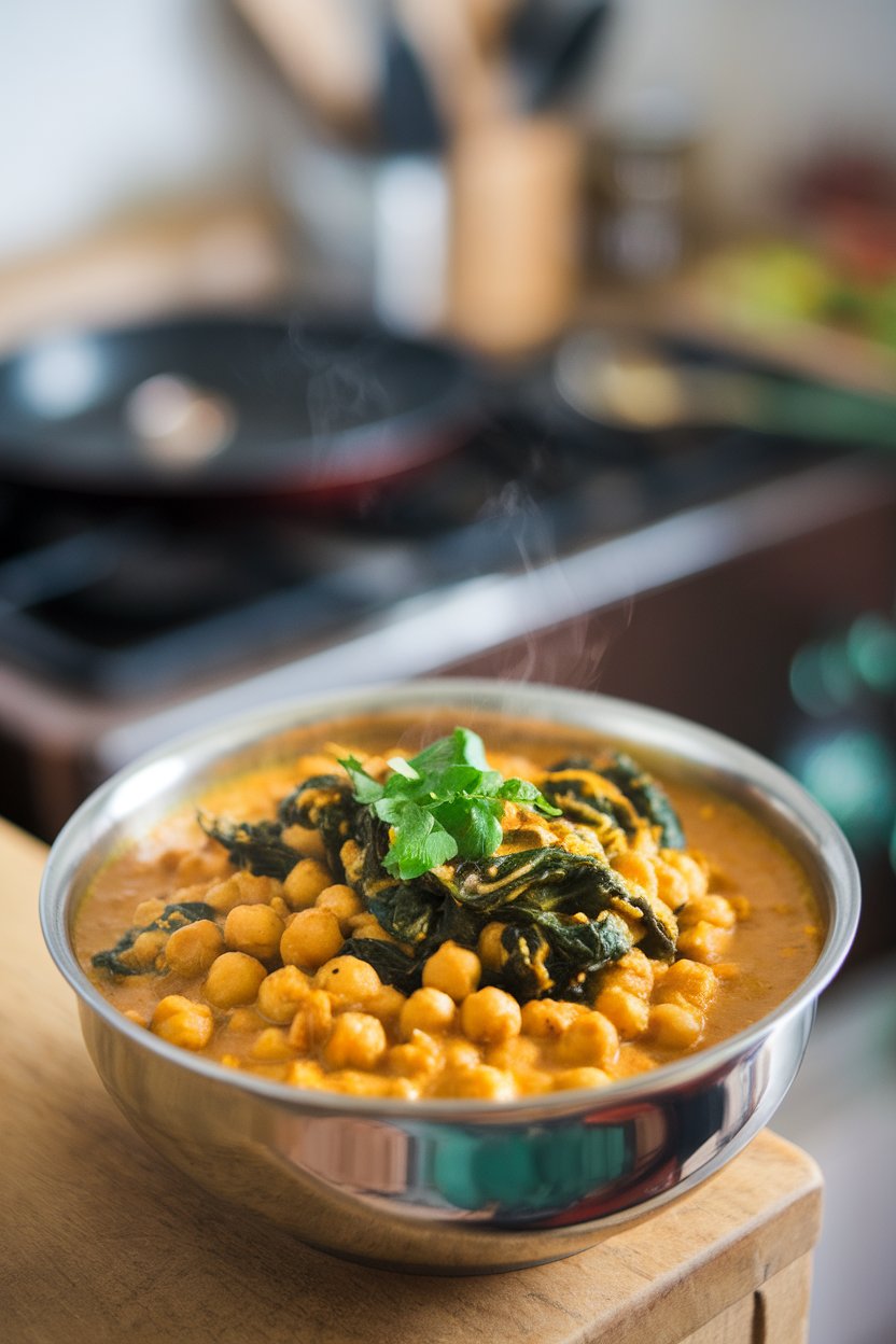 Indoor bowl of golden chickpea curry filled with wilted spinach leaves, steam visible. No text or logos; photo.