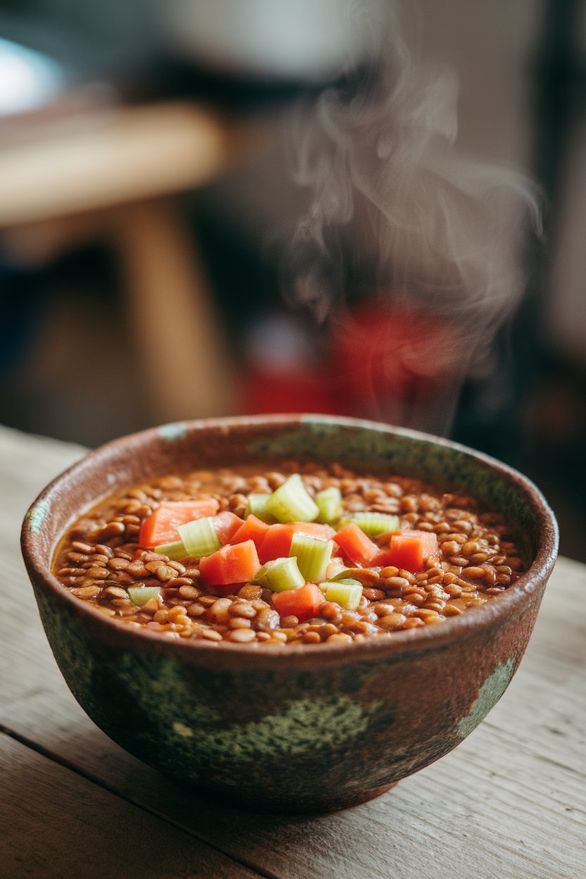 Indoor photo of a rustic bowl filled with lentil soup featuring diced carrots, celery, and tomatoes; steam rising, no text or logos