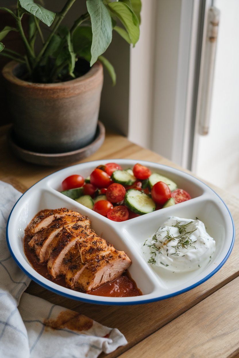 A sectioned plate indoors showing sliced spiced chicken, cherry tomato-cucumber salad, and a dollop of herbed Greek yogurt; no text or logos.