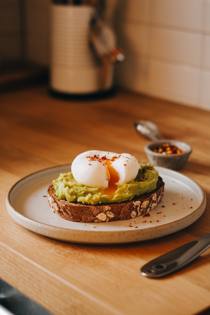 An indoor countertop scene featuring whole-grain toast spread with mashed avocado, topped by a perfectly poached egg with runny yolk and chili flakes; warm lighting, no text or logos; photo