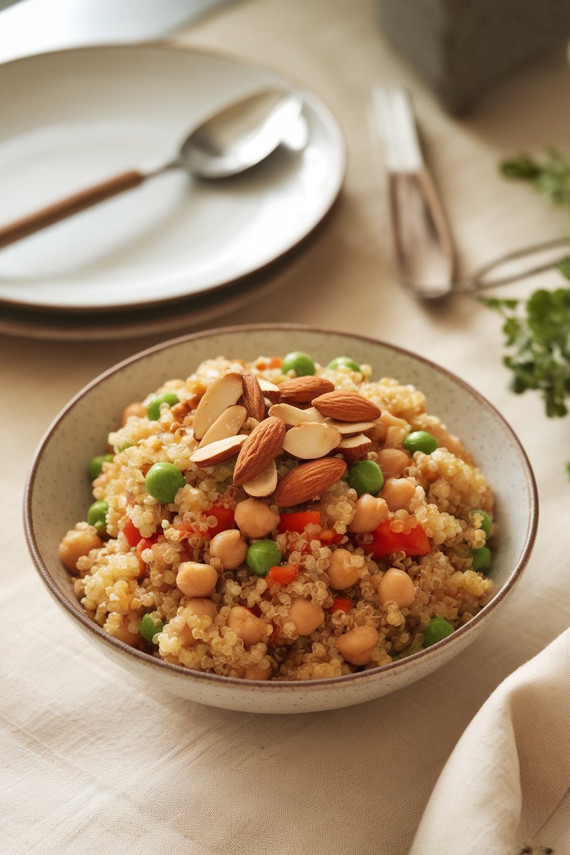 A softly lit indoor dining setup with a bowl of fluffy quinoa pulao studded with chickpeas, diced bell peppers, and peas, topped with toasted almonds. No text or logos. Photo, not illustration.