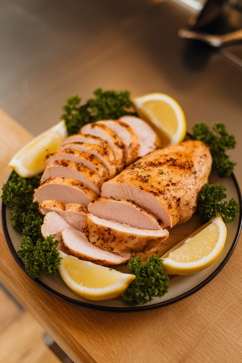 Photo of sliced cooked chicken breast arranged on a plate with lemon wedges and fresh parsley, shot indoors with warm overhead lighting. No text or logos in view.