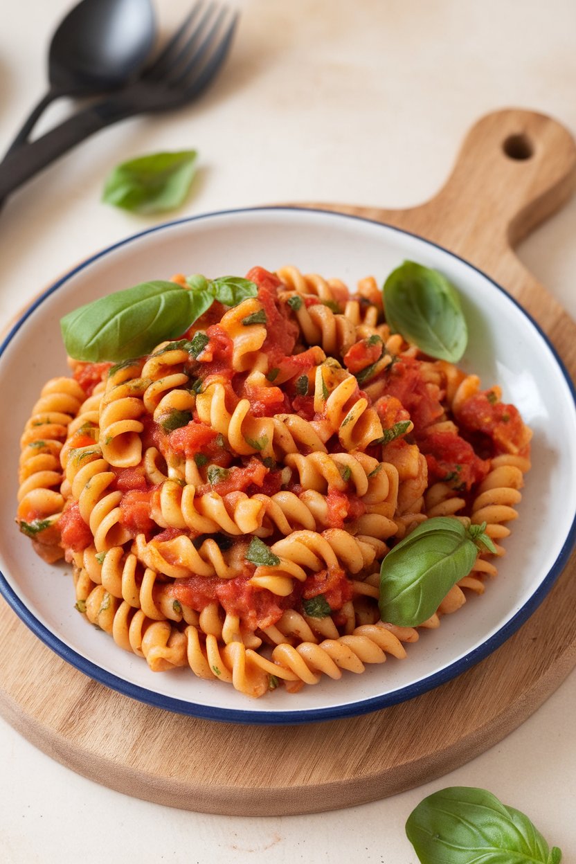 An indoor plate of spiral chickpea pasta coated in a fresh tomato-basil sauce, garnished with extra basil leaves. No text or logos visible.