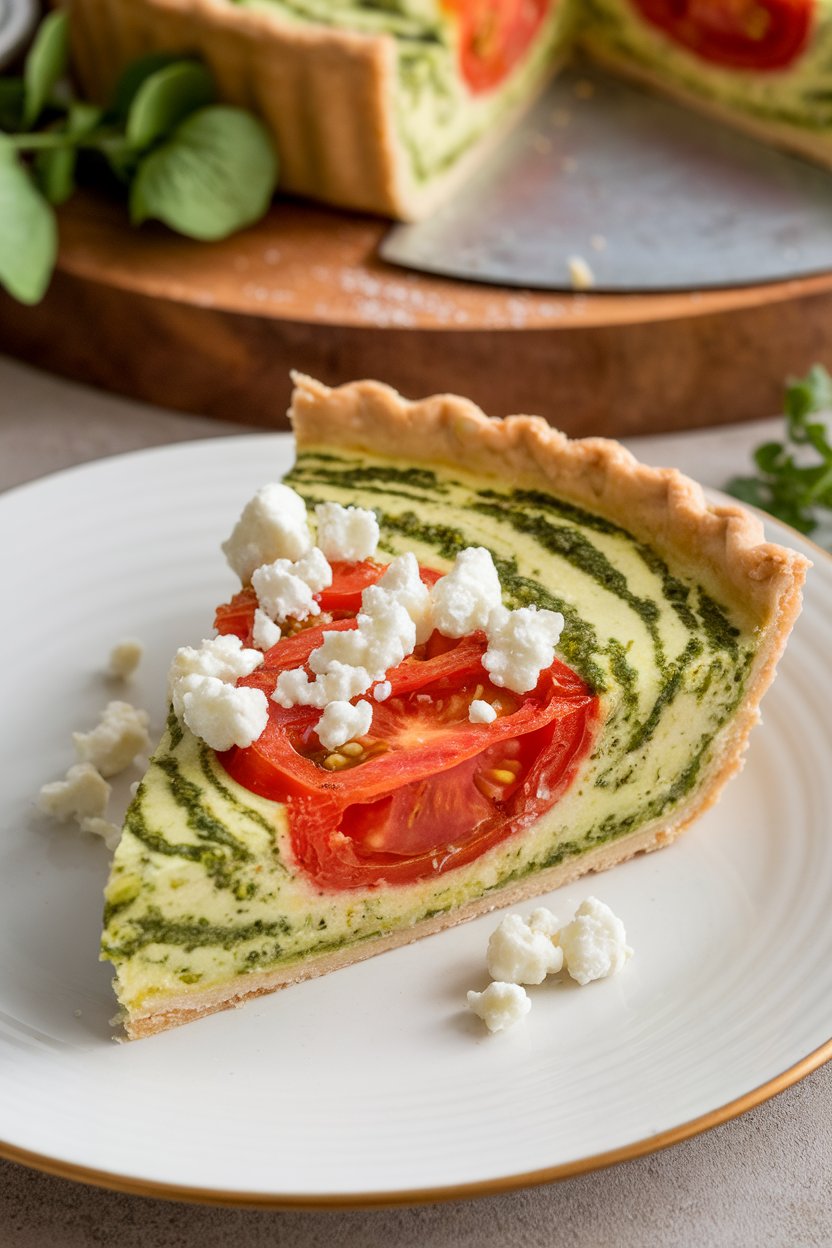 Indoor shot of a slice of roasted tomato quiche swirled with green pesto and goat cheese crumbles, no text or logos.