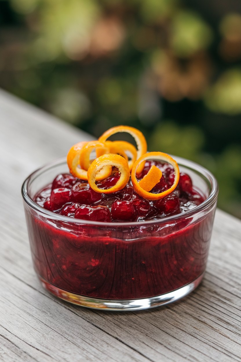 A small glass bowl indoors holding glossy cranberry sauce with orange zest curls on top—no text or logos. Photo.