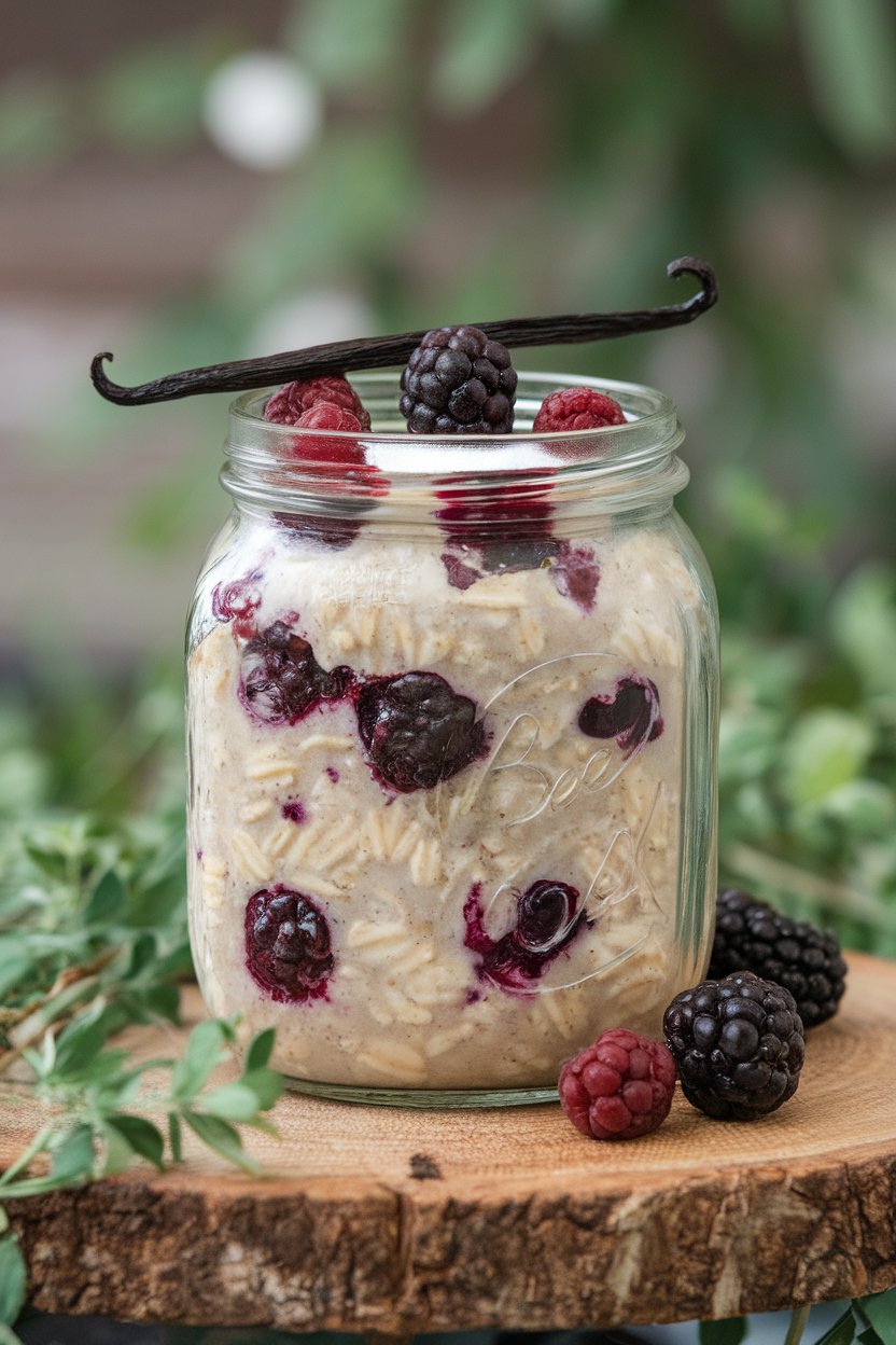 Indoor surface photo of a clear glass jar filled with creamy oats streaked with blackberry juice and dotted with whole blackberries, topped with a vanilla bean speck. No branding. Photo only.